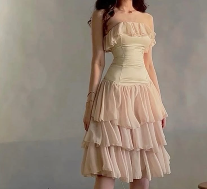 Apricot pink one-shoulder tube top waist slimming slimming mid-length skirt homecoming dress R4079