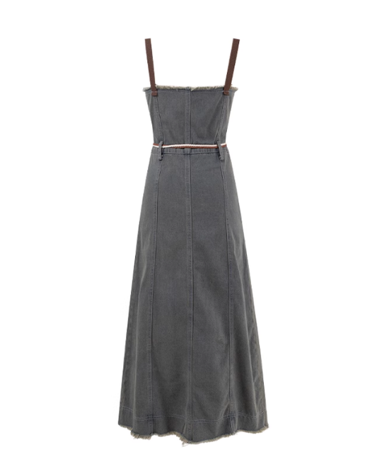 Fashion brand retro college style raw edge denim mid-length overalls all-match suspender dress R0072