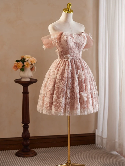 Retro Pink Applique Off-the-shoulder Design A-line Tulle Party Dress Homecoming Dress D1551