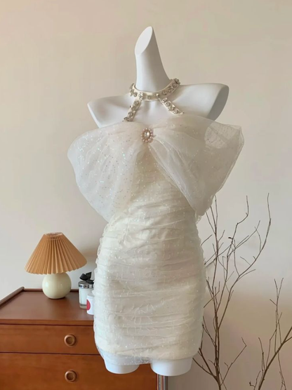 White one-shoulder slim waist hip sexy short skirt homecoming dress R4127