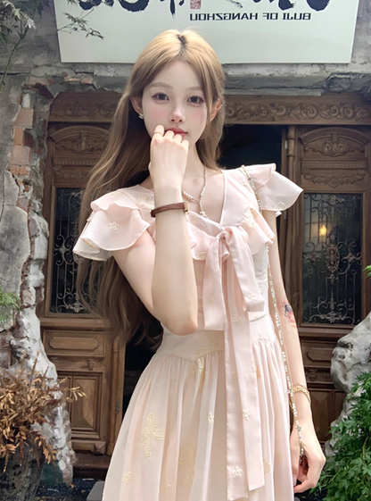 Pink long v-neck waist short-sleeved chiffon dress summer temperament embroidered A-line skirt R4576