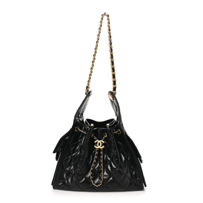 Shiny Calfskin Quilted Small Chanel 25 Handbag Black