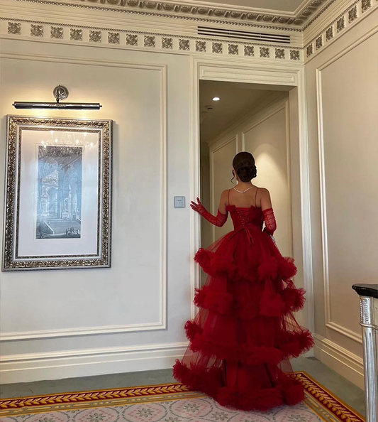 Red Ruffled Tiered Tulle Ball Gown Sweetheart Spaghetti Straps Ruffled A Line Evening Gown