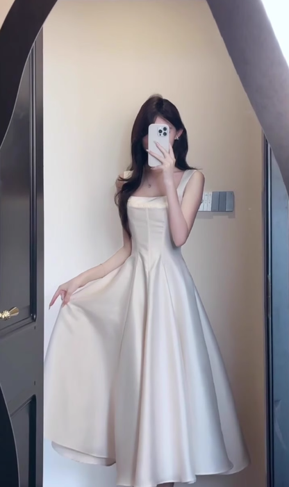 French style high-grade satin suspender dress with a unique and beautiful waist birthday dress R0469