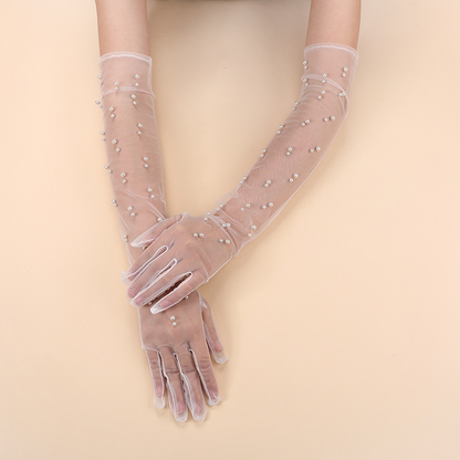 Mesh sun protection gloves pearl full finger gloves transparent lace long dress bride wedding gloves     S6272