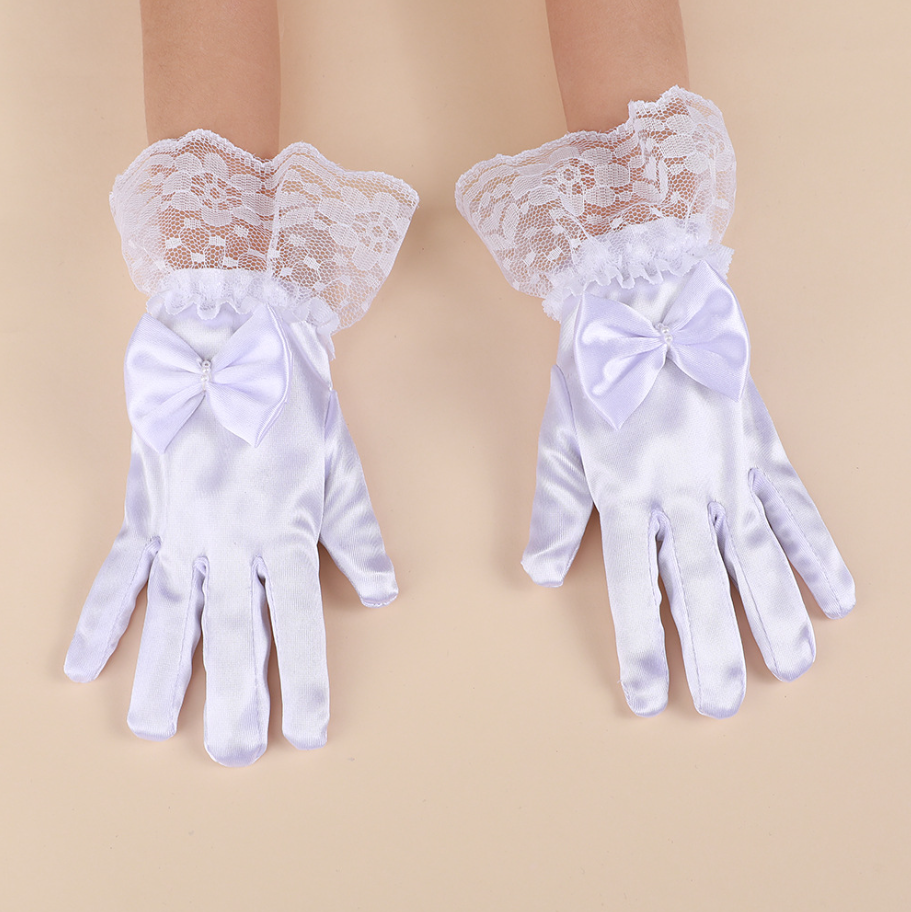 Children's bow gloves bride wedding flower girl lace lace satin student performance dress gloves     S6270