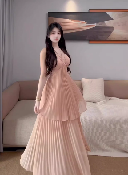 Gentle style pink halter neck suspender dress with beautiful atmosphere R0821