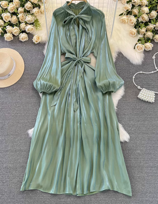 High-class lady temperament long-sleeved bow tie waist slimming A-line shiny sequin dress R0388