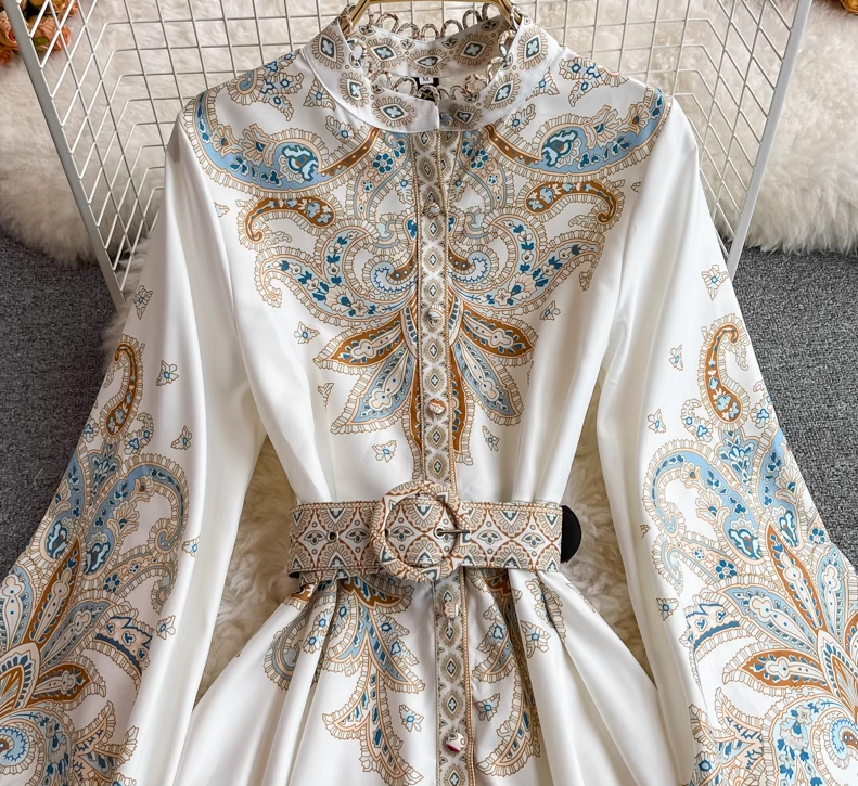 New style palace style retro print long sleeve waist long skirt single breasted stand collar dress R0322