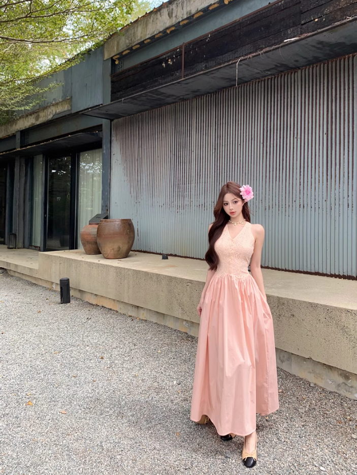 Temperament pink v-neck lace sleeveless dress pretty little skirt R0620