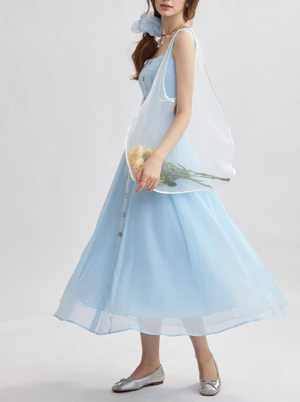 French suspender skirt blue dress sweet style sleeveless long skirt small skirt women summer R3493