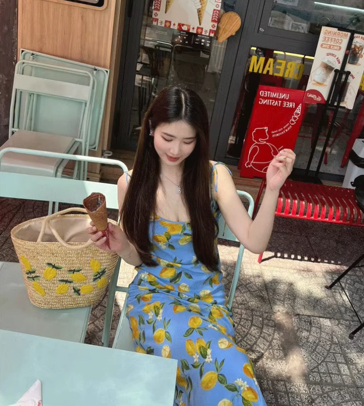 Dress lemon print holiday French backless knee-length suspender dress R2903