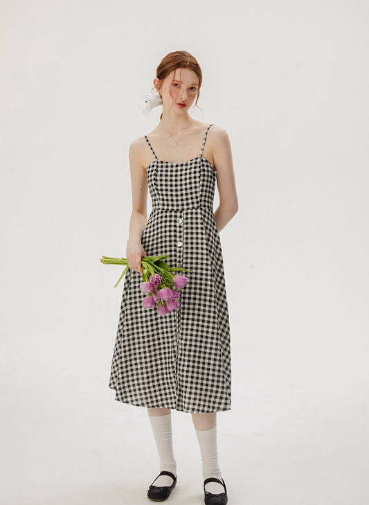 French retro plaid suspender dress niche design skirt women summer R3562