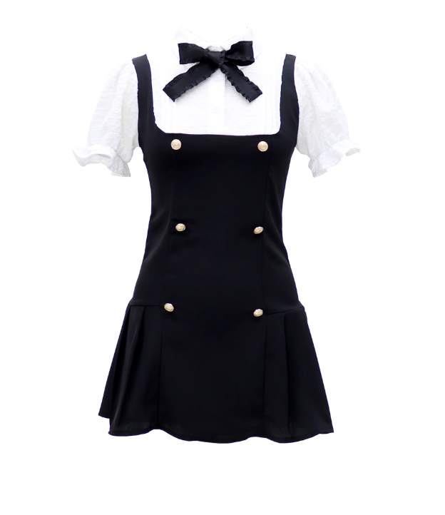 Sweet pure college style puff sleeve dress new style waist slimming lapel fake two-piece dress R0140