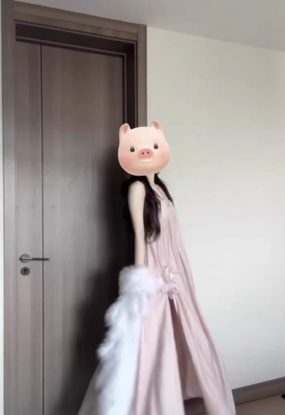 Beach vacation pink halter neck off-shoulder dress gentle temperament unique A-line long skirt R0430