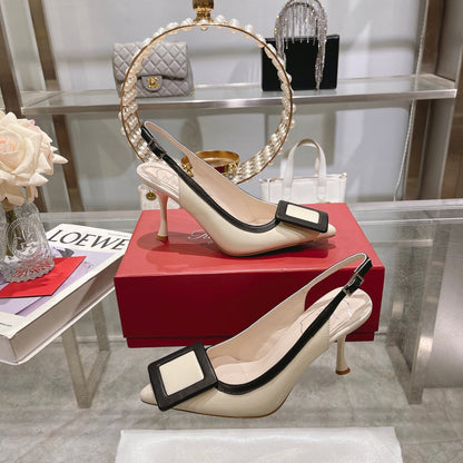 Belle Viv Metal Buckle Slingback Pumps 85 White Black Patent Leather