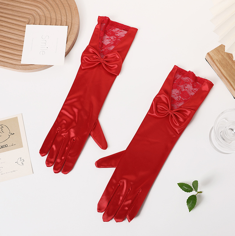Stage performance long bow lace gloves satin wedding dress bride etiquette performance     S6256