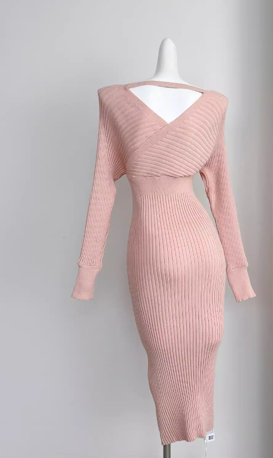 Pure desire slim waist sexy hip pink dress V-neck bottom knitted long skirt R0296