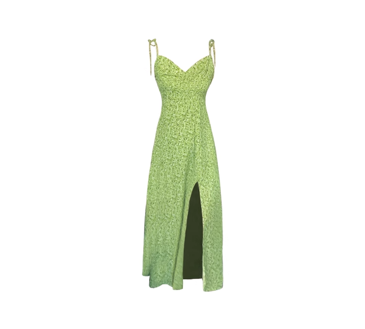 Green suspender skirt 2025 new seaside holiday design floral slit dress R0078