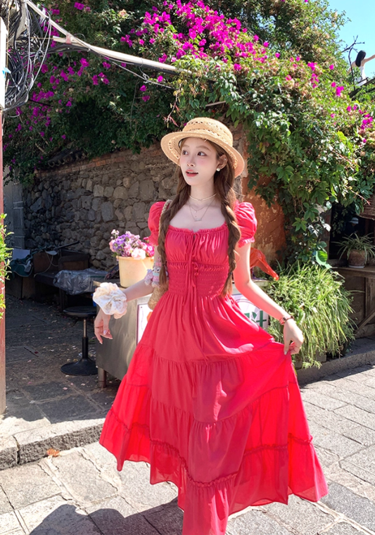 Red long square-neck cinched waist A-line dress, a French retro style dress for women's summer R4786