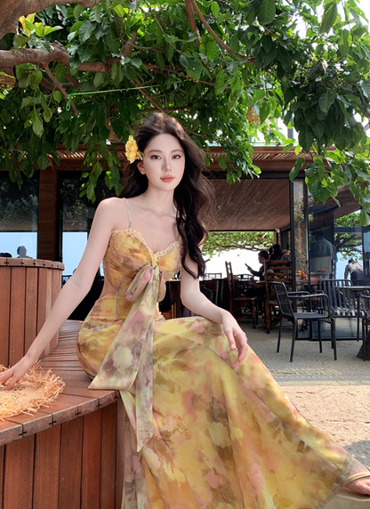 Gentle style floral suspender dress with backless and beautiful long dress R0561