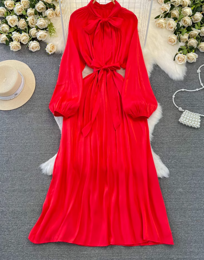 High-class lady temperament long-sleeved bow tie waist slimming A-line shiny sequin dress R0388