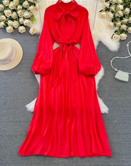 High-class lady temperament long-sleeved bow tie waist slimming A-line shiny sequin dress R0388