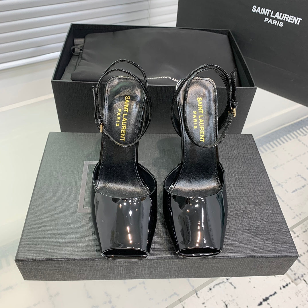 SL FISH MOUTH SANDAL PUMP BLACK POLISHED CALFSKIN