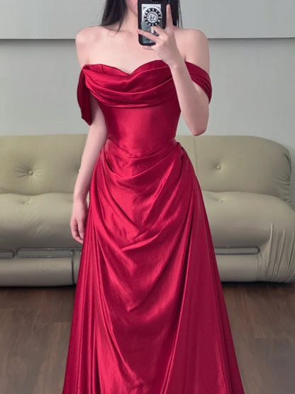 Wine Red Sweetheart Strapless Satin Party Dress, Wine Red Satin Prom Dress