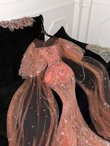 Gorgeous Shiny Orange Beaded Sequined Design Mermaid Prom Dress Evening Dress D1691