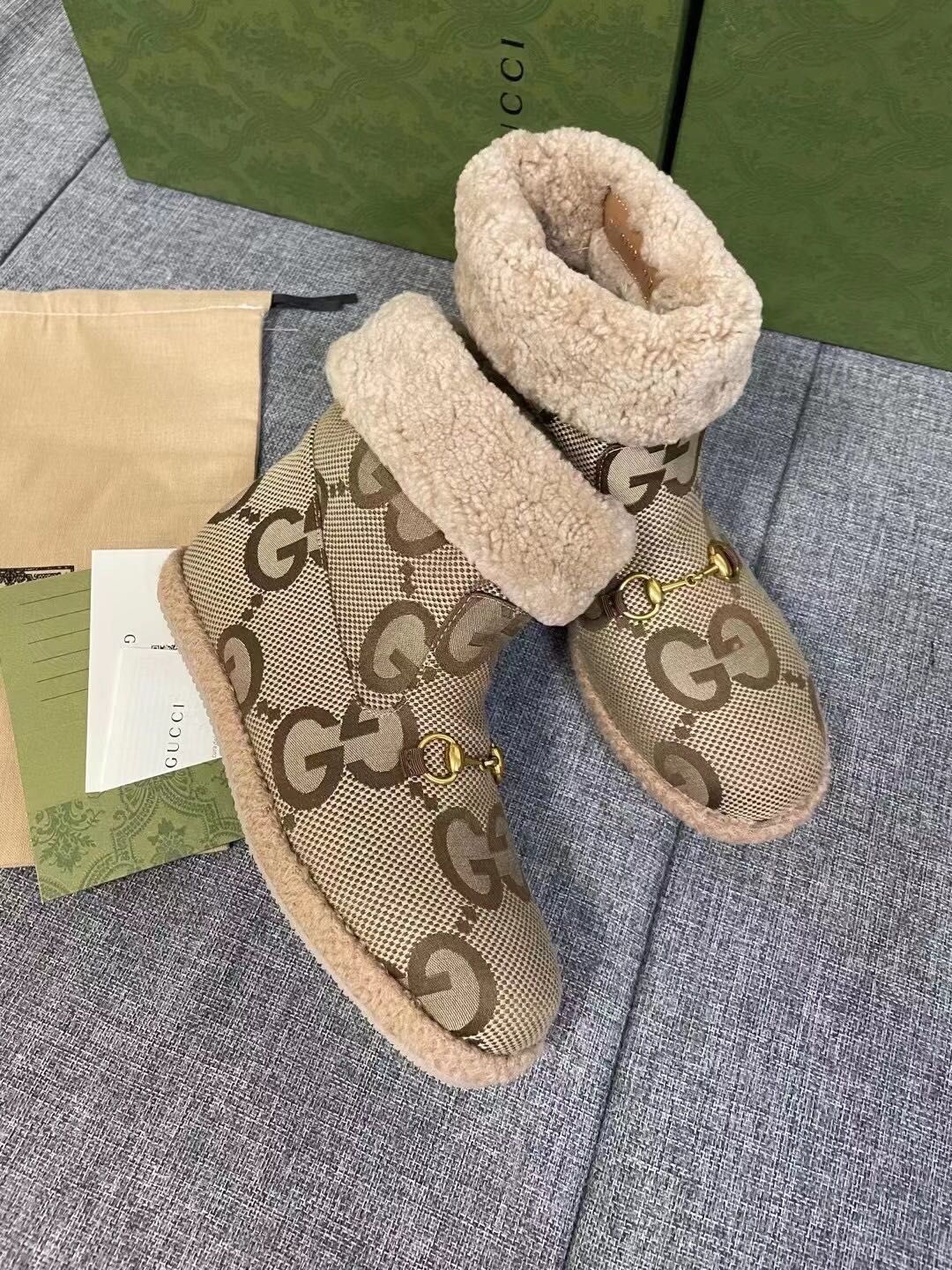 Gucci 2025 Monogram Boot Ebony Beige Canvas Wool 564788