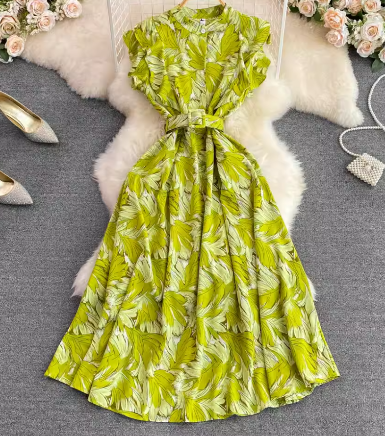 Gentle style stand-up collar, slim waist, printed A-line long swing dress 2025 high waist elegant long skirt R0359