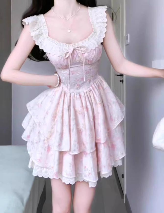 Pink floral dress beautiful niche waist puffy short skirt R0745