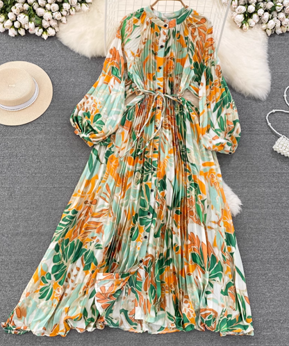 Light luxury temperament lantern long sleeve round neck waist single breasted print elegant dress R0403