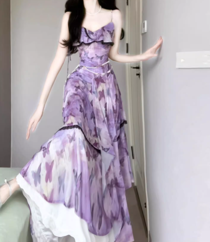 Purple oil painting floral suspender dress beautiful waist A-line long skirt R0749