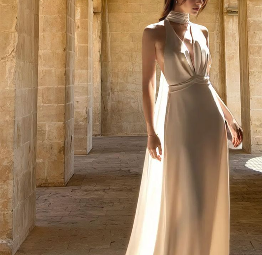 Simple Sexy Halter V-Neck Open Back With Train Long Wedding Dress      S6937