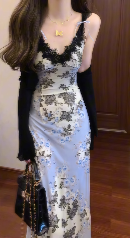 Oil painting floral suspender dress beautiful waist A-line long skirt R0606