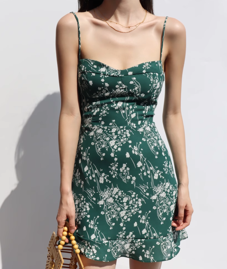 French retro green floral dress looks slim with ruffled edge suspender dress R2868