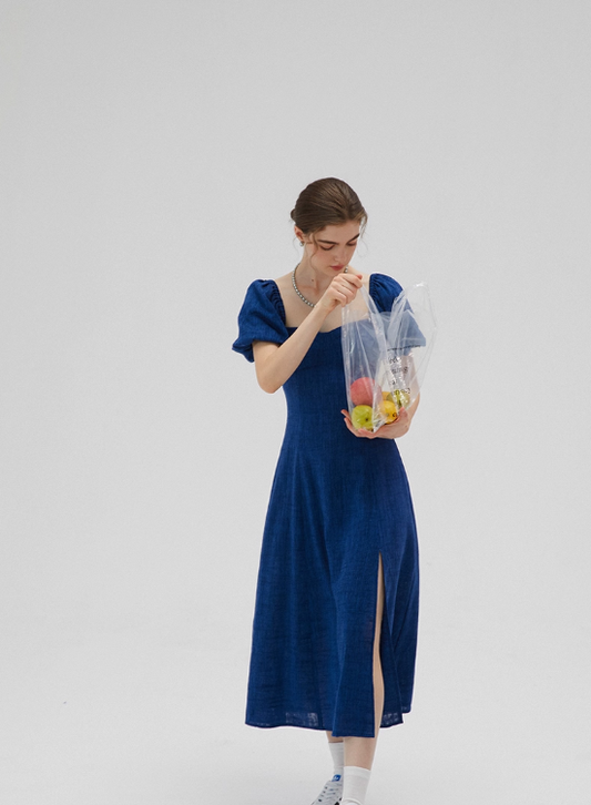 Blue French dress puff sleeves skirt retro style small square collar tea break long dress female summer R3456