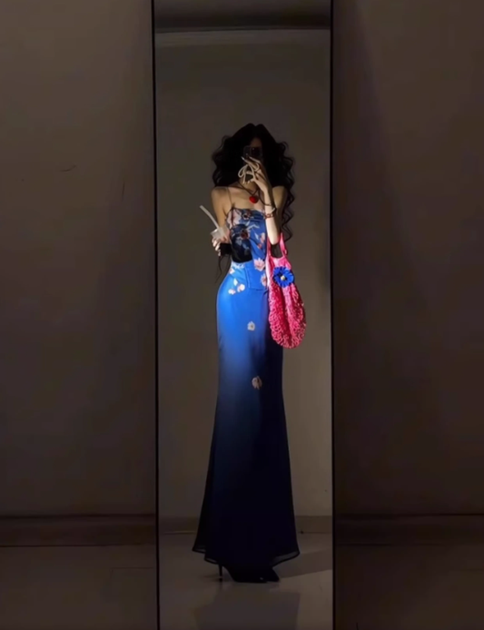 Retro blue floral dress sexy waist slim hip suspender skirt R0640