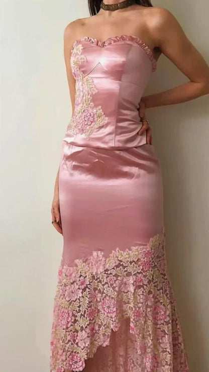 Lovely Pink Two Pieces Strapless Sheath Satin Long Party Dress Birthday Outfits, D918
