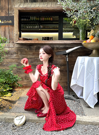 Red holiday floral dress for women petite summer long skirt with small flying sleeves R3866