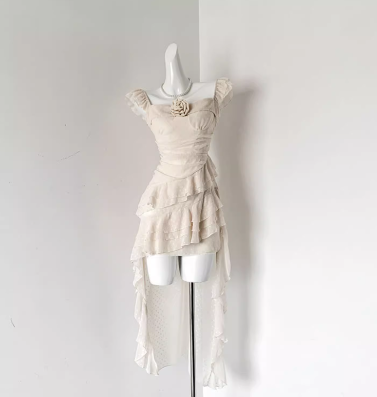French holiday rose temperament long tail sleeveless atmosphere suspender dress R0297