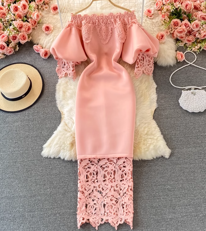 Retro French style waisted hip dress long skirt lace one-shoulder off-shoulder lantern sleeve dress R0383
