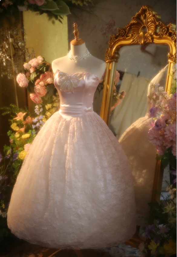 Princess Light Pink Strapless Lace Ball Gown Evening Dress Sweet 16 Dress cc5385