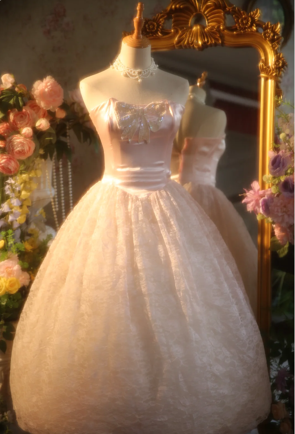 Princess Light Pink Strapless Lace Ball Gown Evening Dress Sweet 16 Dress cc5385