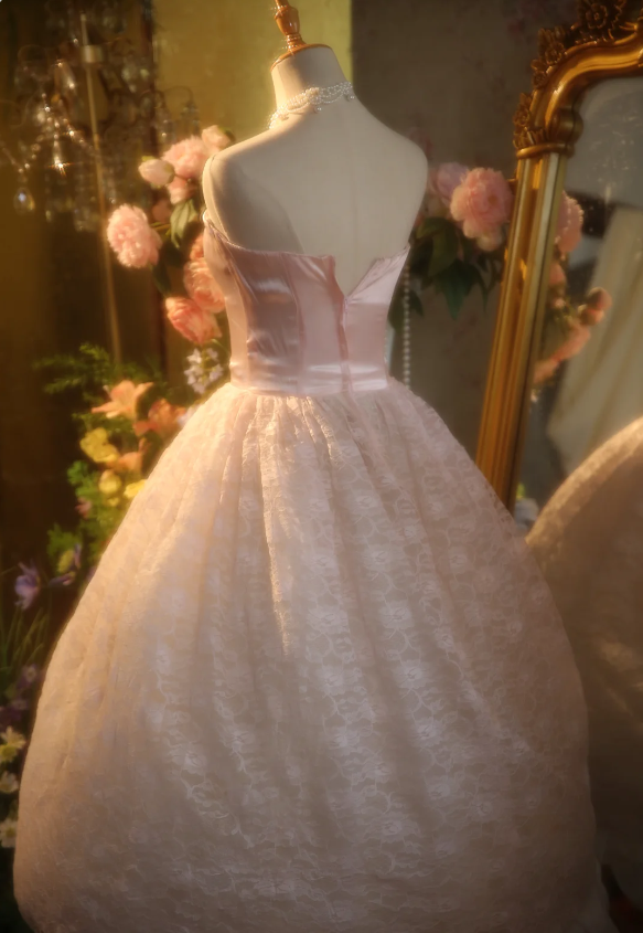 Princess Light Pink Strapless Lace Ball Gown Evening Dress Sweet 16 Dress cc5385