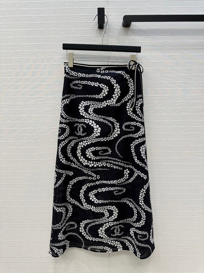 CC 25 Wave Pattern Long Skirt Black Silk Cotton