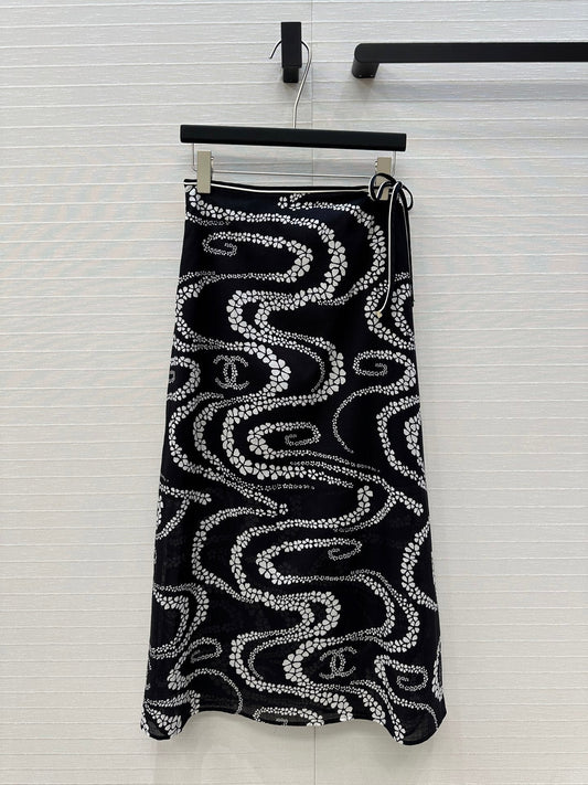 CC 25 Wave Pattern Long Skirt Black Silk Cotton