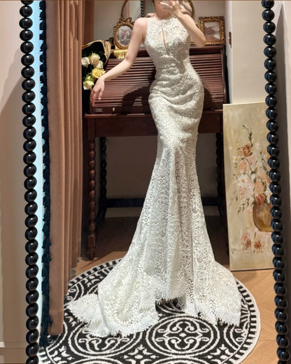 Retro Lace Sleeveless Mermaid Long Wedding Dress White Bridal Dresses D2034